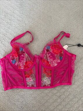For Love & Lemons Hot Pink Floral Embroidered Longline Bra